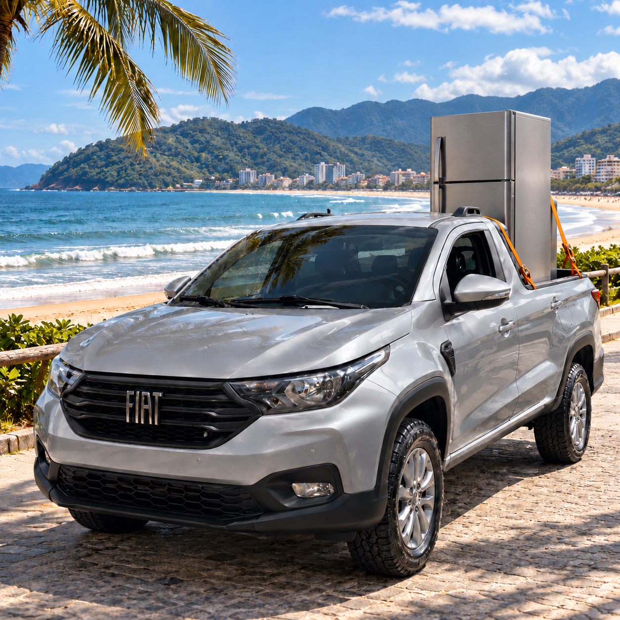 Fiat Strada com geladeira na caçamba — serviço de retirada e entrega da Alêtec Refrigeração em Caraguatatuba