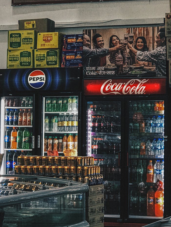 A vibrant display of drinks including Coca-Cola and Pepsi in a Kathmandu store.